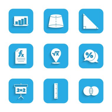 Set Square root of x glyph Ruler Mathematics sets A and B Discount percent tag Chalkboard Function mathematical symbol Triangle and Laptop with graph chart icon. Vector.