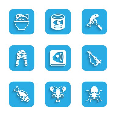 Set Fish head Lobster Octopus Fishing harpoon steak Served fish plate and bowl icon. Vector.
