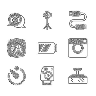 Set Battery for camera Photo Softbox light Camera timer Auto flash USB cable cord and icon. Vector.