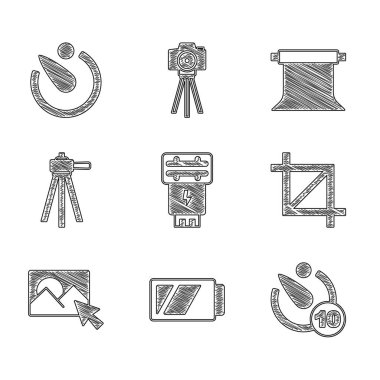 Set Photo camera flash Battery for Camera timer Picture crop photo retouching Tripod Empty studio and icon. Vector.