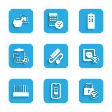 Set Electric extension cord Smartphone battery charge Digital door lock electrical outlet Router and wi-fi signal Voice assistant Remote control and icon. Vector.