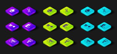 Set Electrical hair clipper Shaving brush Hairdresser pistol spray bottle gel foam and Barber apron icon. Vector.