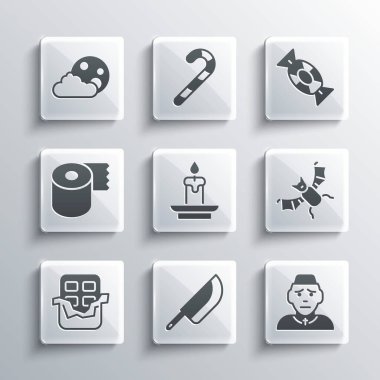 Set Knife Priest Flying bat Burning candle Chocolate bar Toilet paper roll Moon stars and Candy icon. Vector.