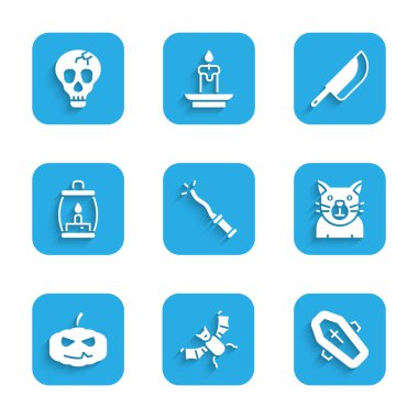 Set Magic wand Flying bat Coffin with cross Cat Pumpkin Camping lantern Knife and Skull icon. Vector.