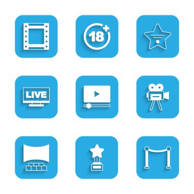 Set Online play video Movie trophy Rope barrier Retro cinema camera Cinema auditorium with screen Live stream Walk of fame star and Play icon. Vector.