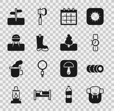 Set Hiking backpack Blanket roll Wrist watch Calendar Waterproof rubber boot Barbecue grill Road traffic sign and Tree icon. Vector.