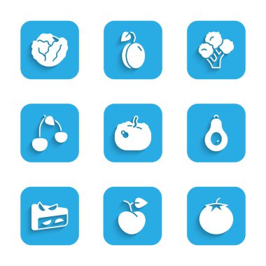 Set Pumpkin Peach fruit or nectarine Tomato Avocado Homemade pie Cherry Broccoli and Cabbage icon. Vector.
