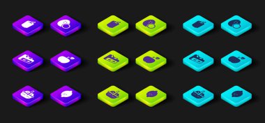 Set Basket and food Lemon Homemade fruit pie Apple Coconut and Bell pepper icon. Vector.