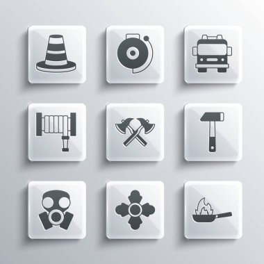 Set Firefighter Pan with fire Hammer axe Gas mask hose reel Traffic cone and truck icon. Vector.