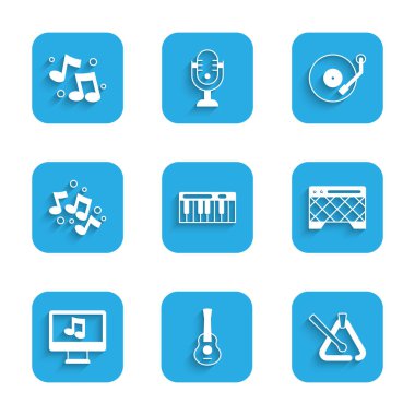Set Music synthesizer Guitar Triangle musical instrument amplifier Computer with note note tone Vinyl player and icon. Vector.