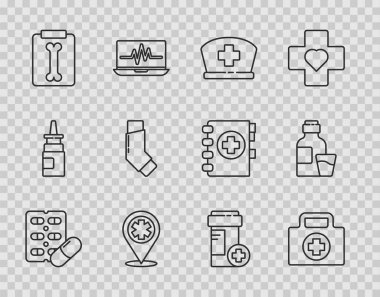 Set line Pills in blister pack First aid kit Nurse hat with cross Map pointer hospital X-ray shots Inhaler Medicine bottle and Bottle of medicine syrup icon. Vector.