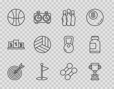 Set line Target with arrow Award cup Bowling pin Golf flag Basketball ball Volleyball Dumbbell and Sports nutrition icon. Vector.