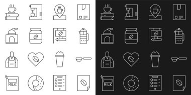 Set line Coffee poster filter holder French press Location with coffee cup jar bottle Manual grinder and book and Street signboard icon. Vector.