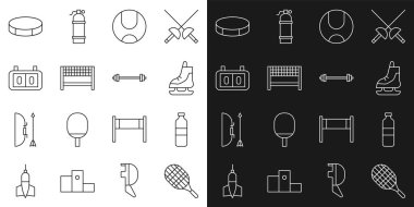 Set line Tennis racket Bottle of water Skates ball Ribbon in finishing line Sport mechanical scoreboard Hockey puck and Barbell icon. Vector.