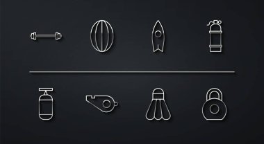 Set line Barbell Punching bag Aqualung Badminton shuttlecock Whistle Rugby ball Kettlebell and Surfboard icon. Vector.