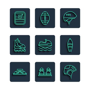 Set line Formula 1 racing car Snowboard Helmet Bicycle helmet Jet ski Roller skate First aid kit and Surfboard icon. Vector.