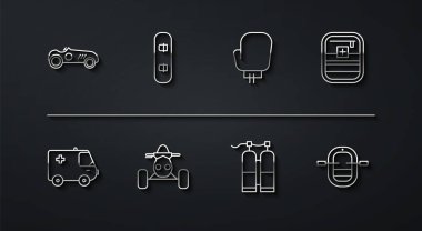 Set line Vintage sport racing car Ambulance and emergency First aid kit Aqualung ATV motorcycle Snowboard Rafting boat and Boxing glove icon. Vector.