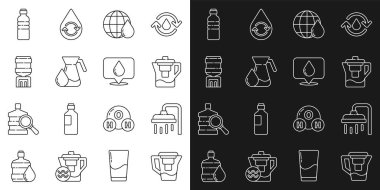 Set line Water jug with a filter Shower head Earth planet in water drop Jug glass cooler Bottle of and location icon. Vector.