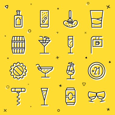 Set line Glass of cognac or brandy Alcohol 21 plus Street signboard with Bar Pickled cucumber on fork Cocktail Wooden barrel Whiskey bottle and champagne icon. Vector.