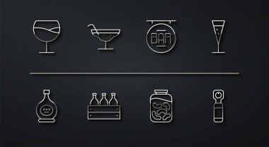 Set line Wine glass Bottle of cognac or brandy Glass champagne Pickled cucumbers jar Bottles wine wooden box Cocktail opener and Street signboard with Bar icon. Vector.