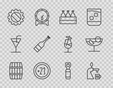 Set line Wooden barrel Beer tap with glass Bottles of wine in wooden box Alcohol 21 plus cap Opened bottle opener and Cocktail icon. Vector.