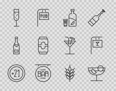 Set line Alcohol 21 plus Cocktail Vodka with pepper and glass Street signboard Bar Glass of champagne Beer can Hop and icon. Vector.