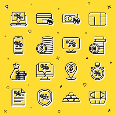 Set line Stacks paper money cash Stopwatch and percent Coin with euro symbol Money dollar Percent discount mobile laptop and Discount tag icon. Vector.