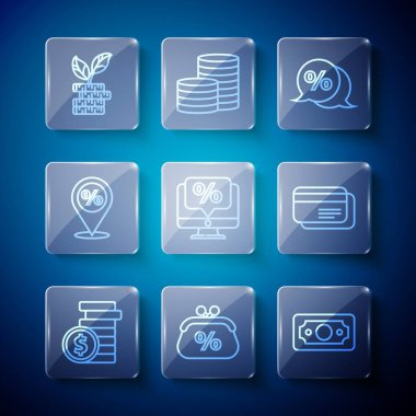 Set line Coin money with dollar Purse percent Stacks paper cash Discount tag Percent discount and monitor Location Dollar plant and Credit card icon. Vector.