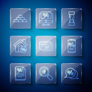 Set line Finance document Magnifying glass and euro Discount percent tag Old hourglass Credit card House with percant discount Gold bars and Percent mobile icon. Vector.