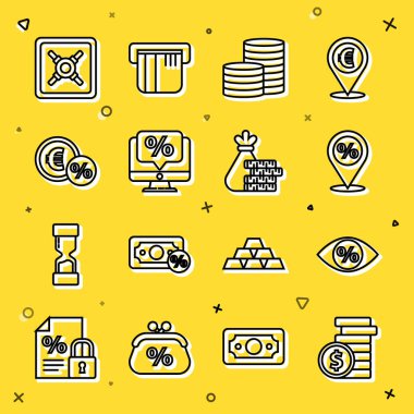 Set line Coin money with dollar Eye percent Location discount Percent and monitor Money coin Safe and bag icon. Vector.