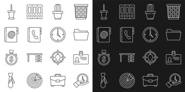 Set line Clock Identification badge Document folder Cactus and succulent in pot Address book Push pin and icon. Vector.