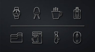 Set line Wrist watch Document folder Identification badge Tie Coffee machine Office chair Computer mouse and cup icon. Vector.