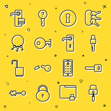 Set line Lock picks for lock picking Key Locked key Keyhole Bunch of keys Digital door and Door handle icon. Vector.