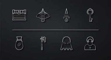 Set line Antique treasure chest Old money bag key Executioner mask Medieval axe Battle crossbow with arrow Monk and Dagger icon. Vector.