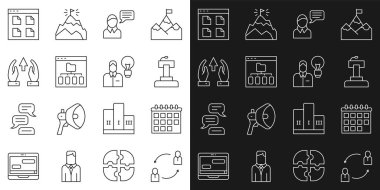 Set line Human resources Calendar Stage stand or tribune Speech bubble chat Browser files Growth chart progress and with lamp bulb icon. Vector.