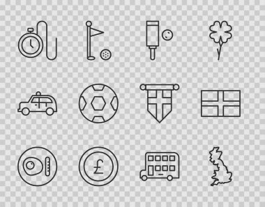 Set line British breakfast England map Wood cricket bat ball Coin money with pound Watch chain Football Double decker bus and Flag of icon. Vector.