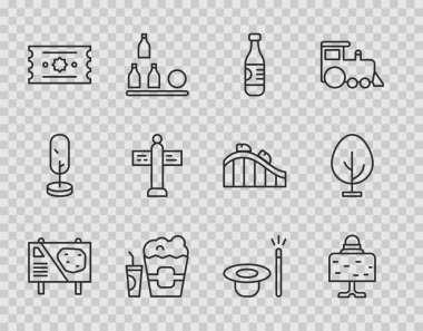 Set line Amusement park billboard Magic ball on table Bottle of water Popcorn in box and glass Ticket Road traffic signpost hat wand and Tree icon. Vector.