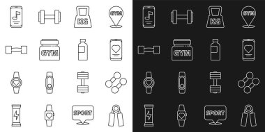 Set line Sport expander Dumbbell Mobile with heart rate Weight Sports nutrition Music player and Fitness shaker icon. Vector.