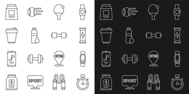Set line Stopwatch Smartwatch Sports nutrition Racket and ball Fitness shaker and Dumbbell icon. Vector.