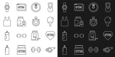 Set line Whistle Fitness gym heart Racket and ball Weight plate Sports nutrition Sleeveless T-shirt Smartwatch and Heart in the center stopwatch icon. Vector.