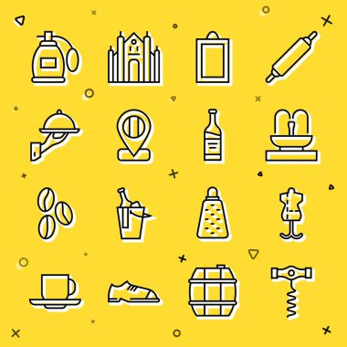 Set line Wine corkscrew Mannequin Fountain Picture Location flag Italy Covered with tray of food Perfume and Bottle wine icon. Vector.