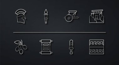 Set line Greek helmet Olives branch Ancient ruins Medieval sword Decree parchment scroll Torch flame pattern and chariot icon. Vector.
