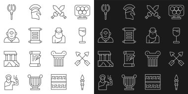 Set line Torch flame Crossed arrows Wine glass medieval sword Decree parchment scroll Cyclops Neptune Trident and Socrates icon. Vector.