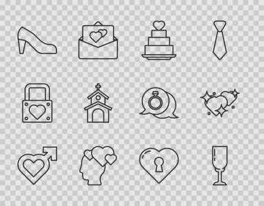Set line Heart with male gender Glass of champagne Wedding cake heart Head Woman shoe Church building keyhole and Two Linked Hearts icon. Vector.