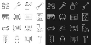Set line Firefighter axe boots Matchbox and matches Lighter Forest truck gloves and Building of fire station icon. Vector.