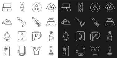 Set line Toilet brush Bottle of liquid soap Brush for cleaning Water drop Rubber plunger Electric iron Towel stack and Hairbrush icon. Vector.