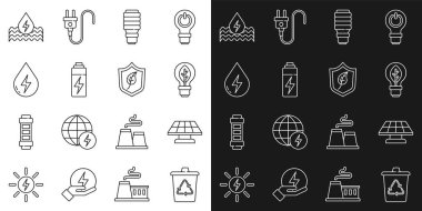 Set line Recycle bin with recycle Solar energy panel Light bulb leaf LED light Battery Water and Shield icon. Vector.