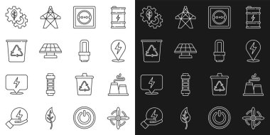 Set line Wind turbine Factory Lightning bolt Electrical outlet Solar energy panel Recycle with recycle Leaf plant gear machine and LED light bulb icon. Vector.