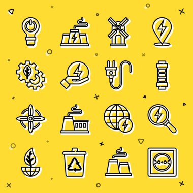 Set line Electrical outlet Lightning bolt Battery Wind turbine Leaf plant gear machine bulb with lightning and plug icon. Vector.