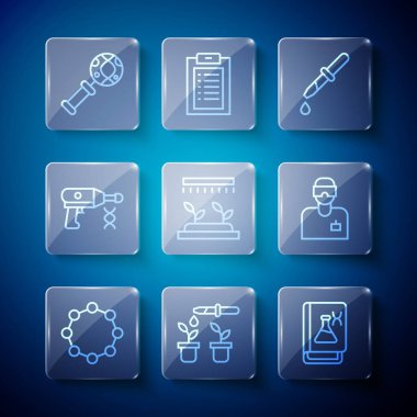 Set line Chemical formula Pipette and plant Genetic engineering book Automatic irrigation sprinklers Transfer liquid gun DNA research search and Laboratory assistant icon. Vector.